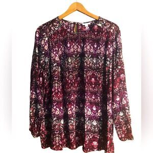 J Jill Purple Abstract Print Smocked Key Hole Round Neck Long Sleeve Blouse 3X
